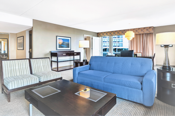 Photo of luxury modern living room area with multiple sofas and a dining table with chairs
