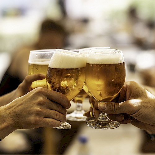 A group of people clinking glasses of beer in a toast, celebrating together in a social setting.